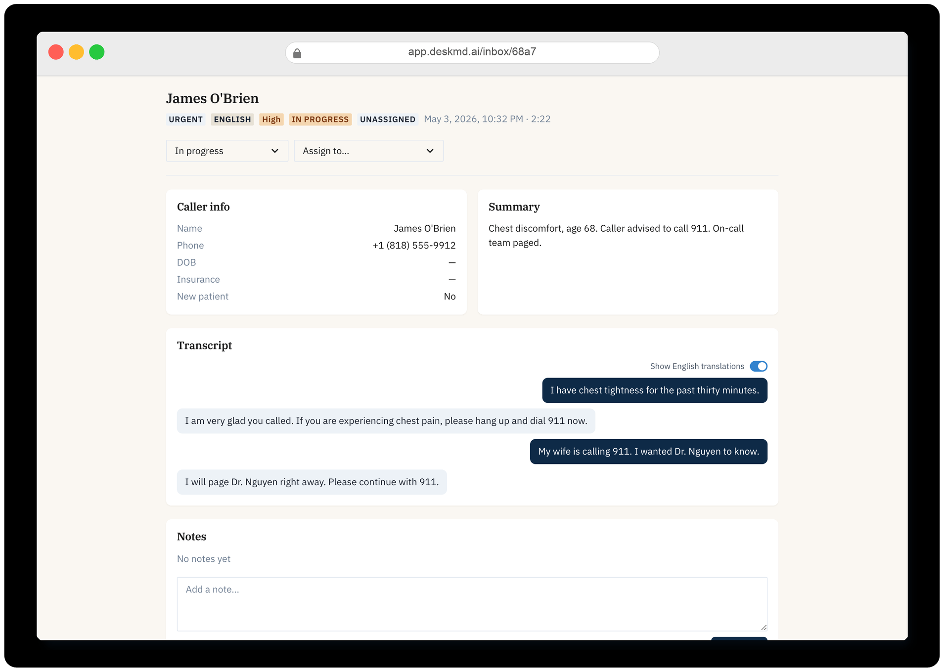 Virtual medical receptionist AI capturing structured patient intake into the inbox