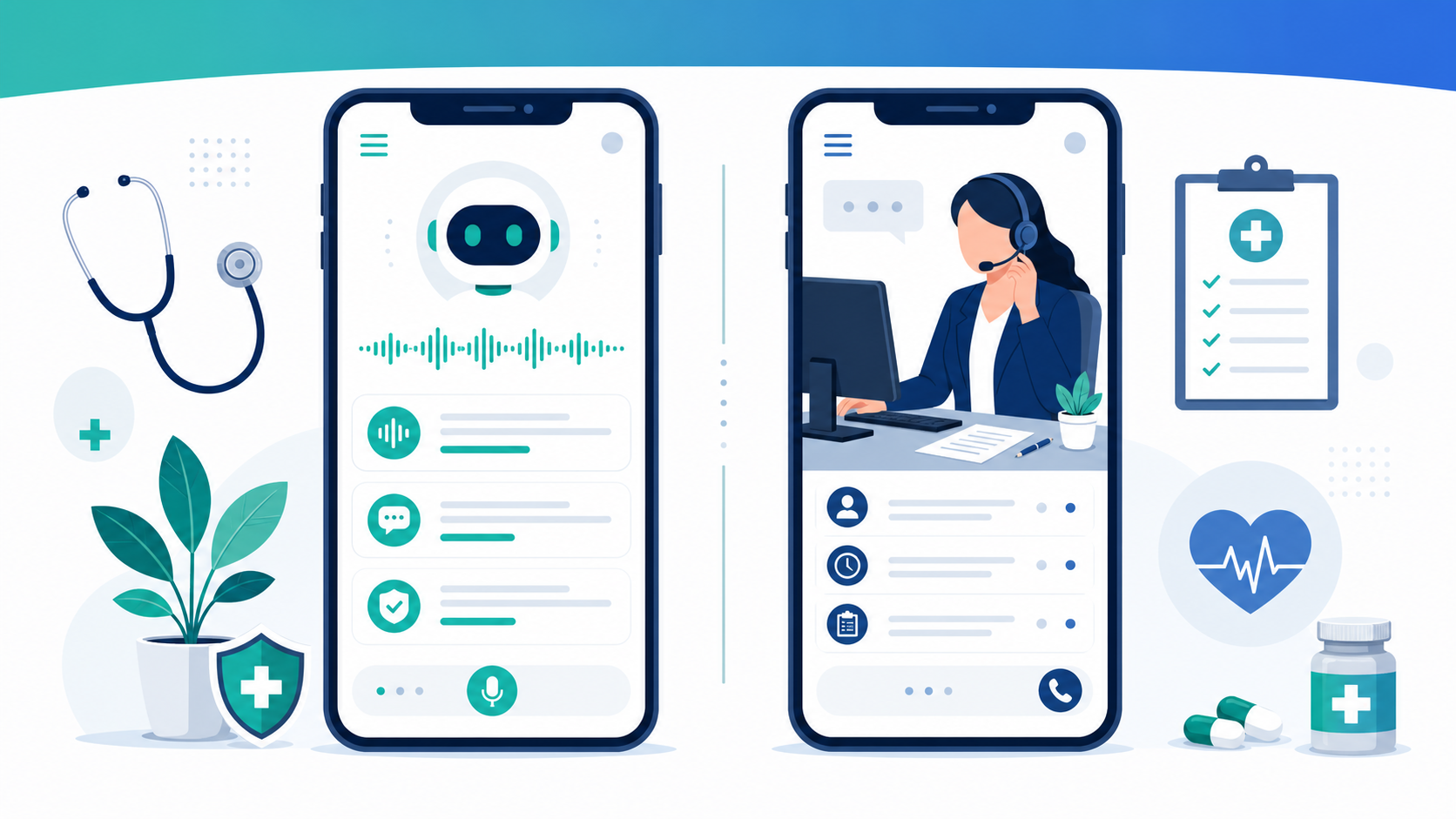 DeskMD AI medical answering vs MedConnectUSA human call center comparison illustration