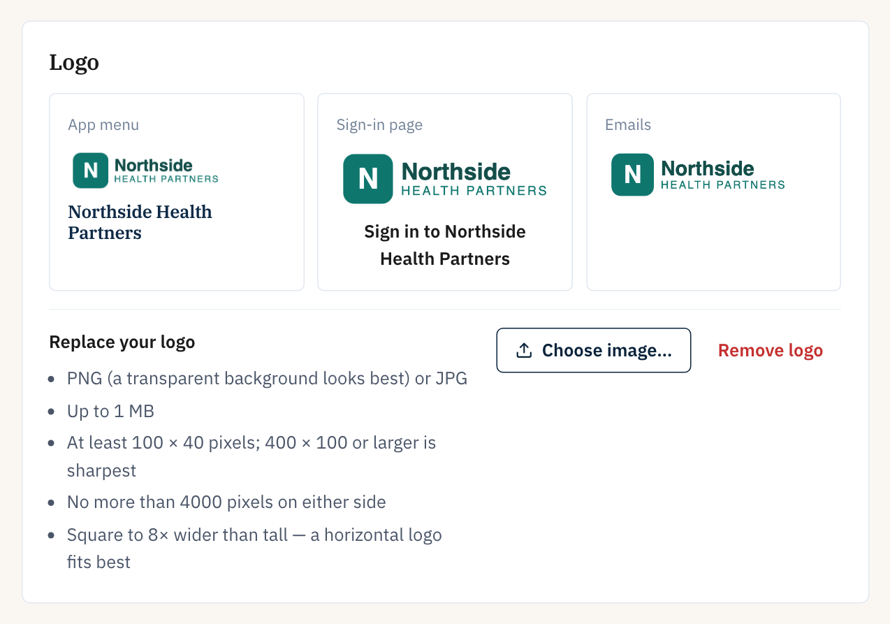 The Branding page previewing a partner&rsquo;s logo in the app menu, on the sign-in page and in emails