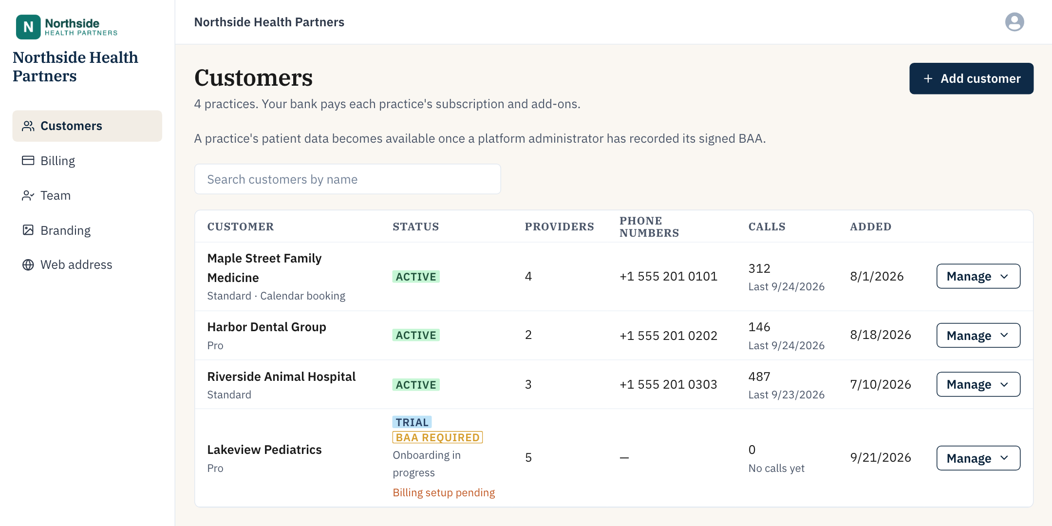The partner console listing a partner&rsquo;s practices, with each one&rsquo;s status, plan, providers, phone number and call volume