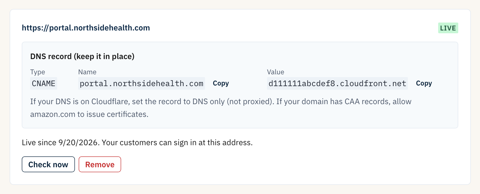 The Web address page of the partner console showing a live address and its one DNS record
